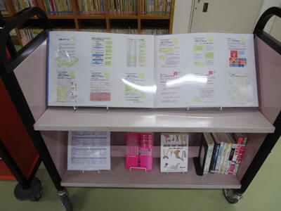 本を載せたカートの写真。